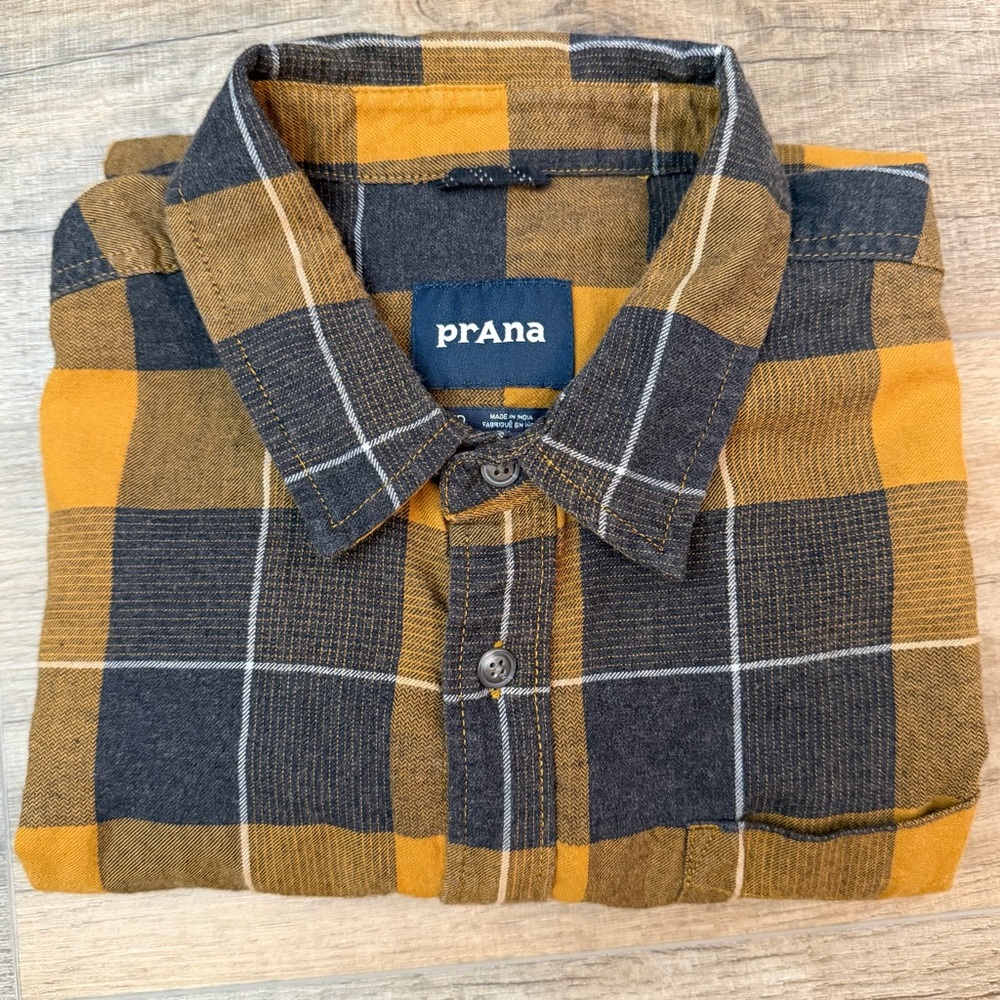 Prana Mens M Flannel Los Feliz Casual‎ Plaid Shirt Button Outdoor Antique Bronze